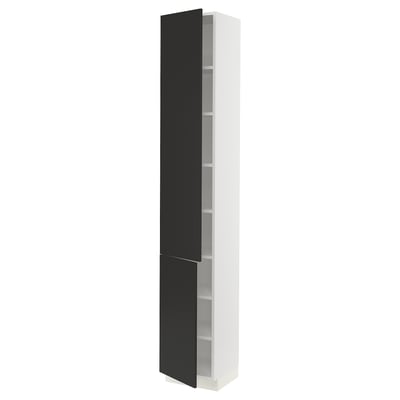 A tall, slim white cabinet with two dark grey, partially open doors.