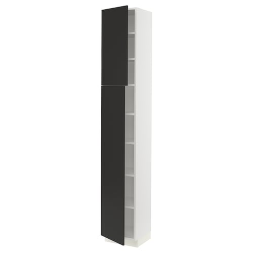 SEKTION kitchen cabinet in black and white, tall, with adjustable shelves.