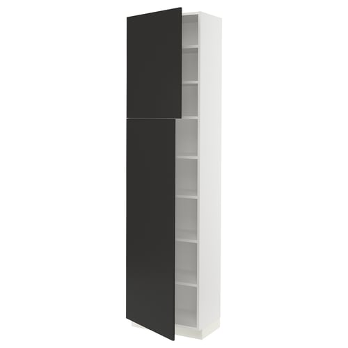 Black and white kitchen cabinet with adjustable shelves, sleek modern design, and slow-closing door.