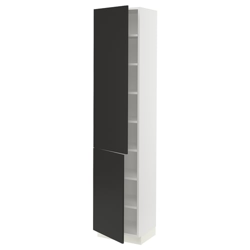 A tall kitchen cabinet with a black and white colour scheme. The cabinet has two doors, one of which is open, revealing adjustable shelves inside.