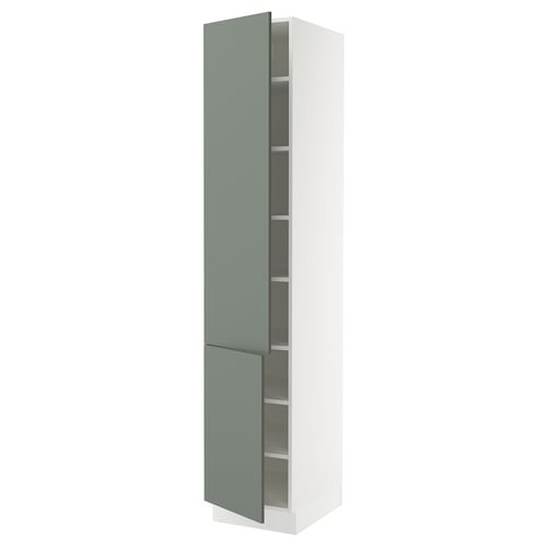White ikea SEKTION kitchen cabinet with grey-green doors, two adjustable shelves, smooth nickel hinges.