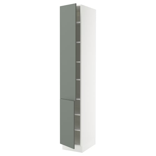 White SEKTION kitchen cabinet, two light blue-green doors, adjustable shelves inside, left-right opening doors.