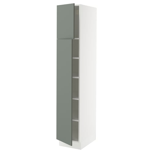 A modern tall cabinet in white with green-grey doors, featuring minimalist design and adjustable shelves.