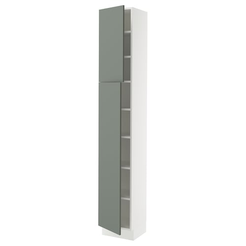 Modern white cabinet with greenish-grey glass doors and adjustable shelves.