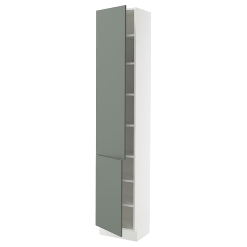 SEKTION white kitchen cabinet with gray-green door, slim design, adjustable shelves, and modern look.