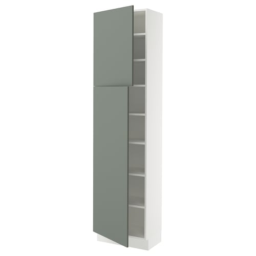 A SEKTION tall kitchen cabinet in grey-green with adjustable shelves and soft-closing hinges.