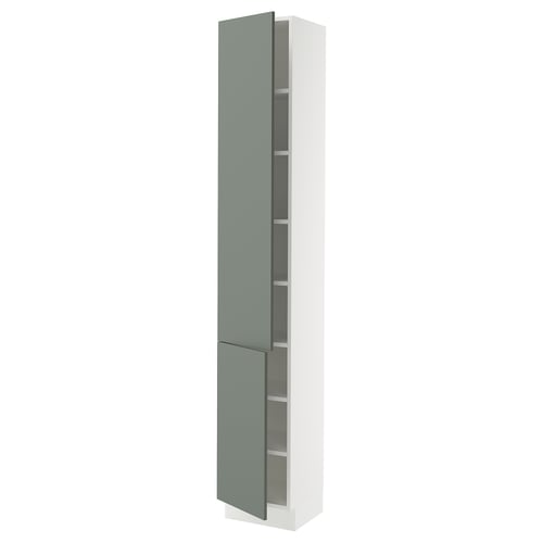 A modern, tall grey-green cabinet with single sliding doors and internal shelves, part of the SEKTION kitchen system.