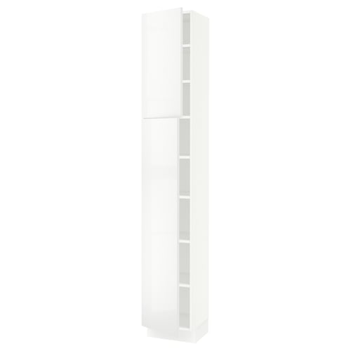 A white, tall, sleek cabinet from the SEKTION kitchen system, featuring a modern design with adjustable shelves and a smooth finish.