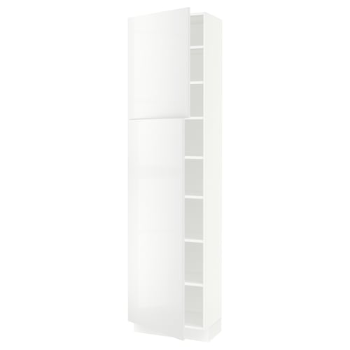 White high gloss cabinet, slim design, adjustable shelves, modern kitchen storage.