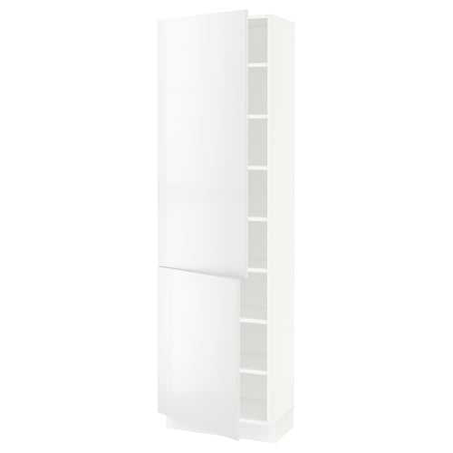 White SEKTION tall cabinet with glossy doors and adjustable shelves.
