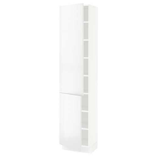 White SEKTION tall kitchen cabinet with glossy fronts, multiple shelves, modern design.