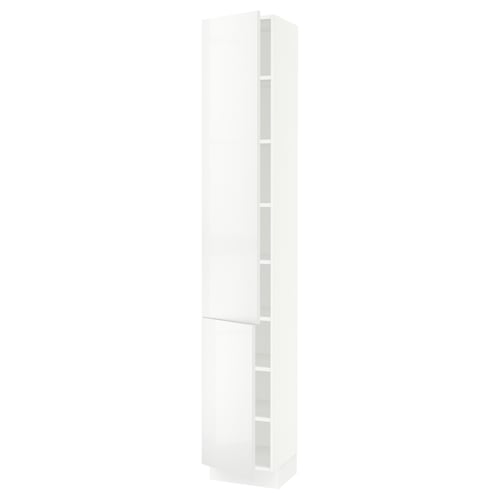 White ikea SEKTION tall kitchen cabinet with glossy doors and adjustable shelves.