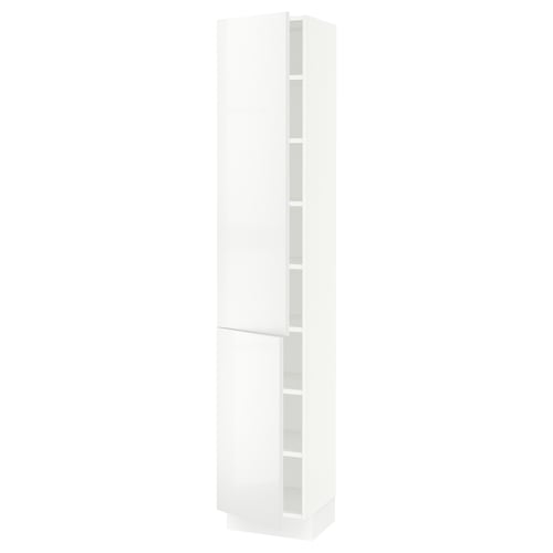 Depicts a tall, white SEKTION kitchen cabinet from IKEA, featuring multiple adjustable shelves.