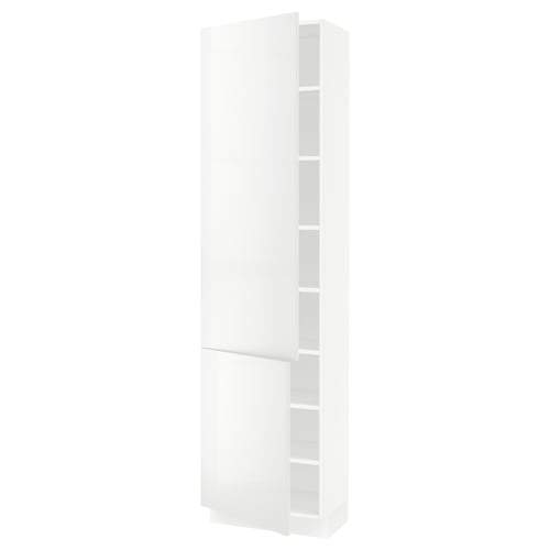 A white SEKTION tall cabinet with adjustable shelves and a glossy door.
