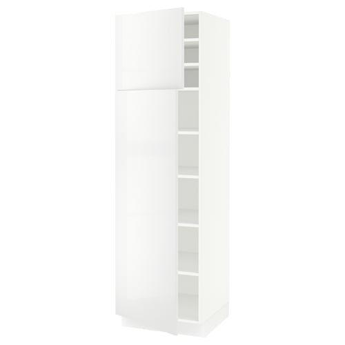A tall, white SEKTION kitchen cabinet with a glossy finish. It adjustable shelves and a smooth, space-saving design.