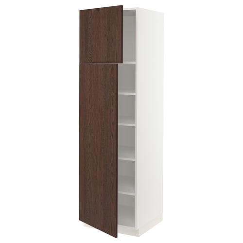 Ikea SEKTION kitchen cabinet, tall white unit with dark brown open door showcasing shelves.