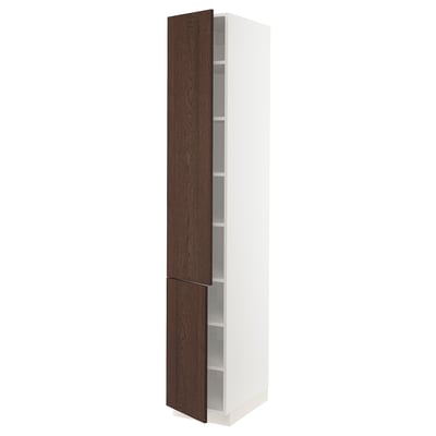 A tall, narrow white cabinet with a dark brown wooden door featuring a wooden edge, providing ample storage space.