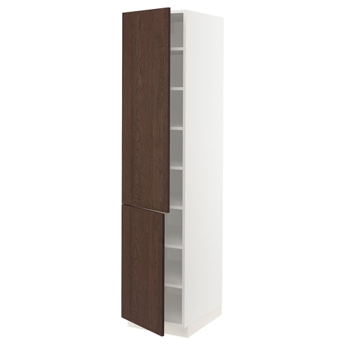 SEKTION kitchen cabinet with dark brown wooden door, white body, adjustable shelves, and soft-closing hinges.