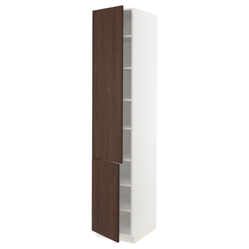Ikea SEKTION tall white cabinet with dark brown wooden doors and adjustable shelves.