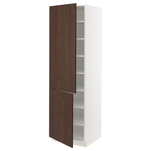SEKTION tall white cabinet, dark brown wood doors, adjustable shelves.