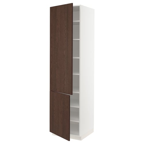 SEKTION: white high cabinet, dark brown doors, wooden edging, adjustable shelves.
