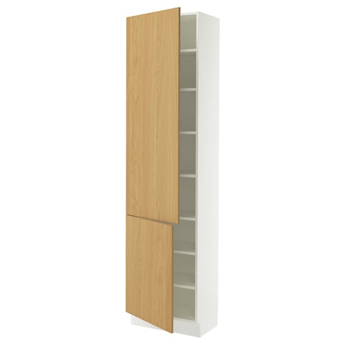 A tall, white SEKTION cabinet with light wood doors. It has multiple shelves inside and is designed for kitchen or bathroom storage.