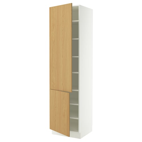 Modern wooden cabinet with white frame, oak doors, adjustable shelves, left/right opening.