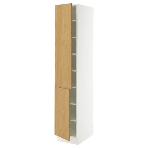 An ikea SEKTION high cabinet in white with oak veneer doors, featuring two adjustable shelves and a door with a built-in damper.