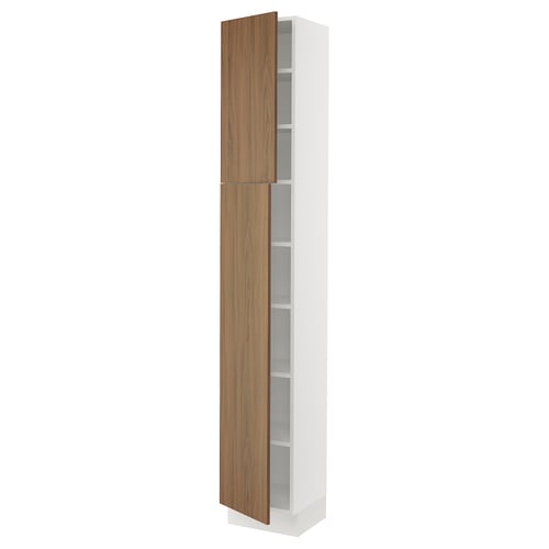This image shows a white SEKTION kitchen cabinet with walnut wood effect doors and adjustable shelves.