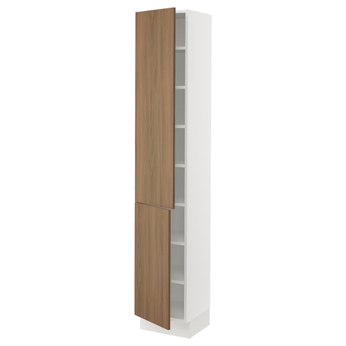 Tall white cabinet with wooden doors, modern design, walnut look, smooth finish.