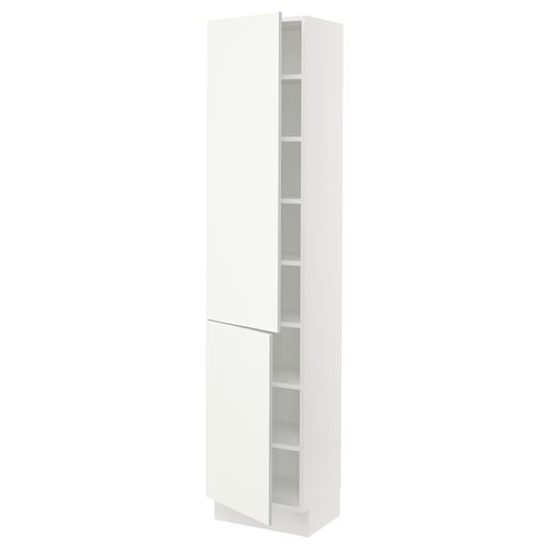 A white SEKTION tall kitchen cabinet with adjustable shelves and a door that opens left or right.