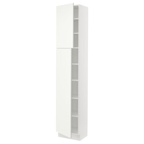 A white ikea SEKTION tall kitchen cabinet with adjustable shelves and soft-closing hinges.