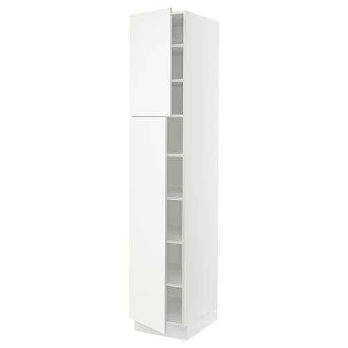 A white, tall ikea SEKTION kitchen cabinet with adjustable shelves and hinged doors.