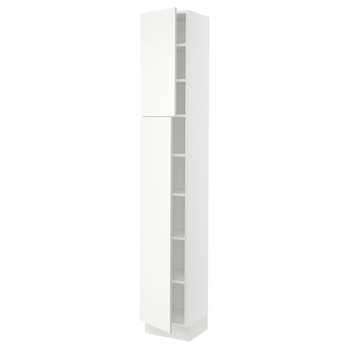 White ikea SEKTION tall kitchen cabinet with double doors and adjustable shelves.