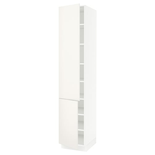 White tall kitchen cabinet, sleek design, adjustable shelves.