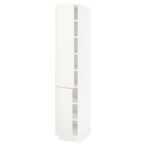 White tall kitchen cabinet, sleek design, four shelves, adjustable, modern look.