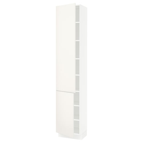 A white SEKTION tall kitchen cabinet with adjustable shelves and a sleek, modern design.