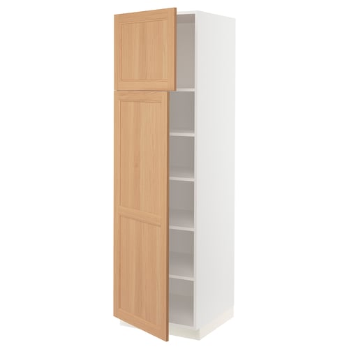 An open white SEKTION kitchen cabinet with wooden doors and adjustable shelves.