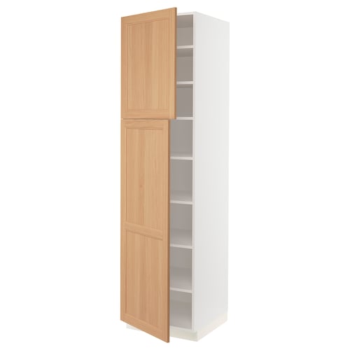White kitchen cabinet with oak doors, three shelves, adjustable and damper hinges.