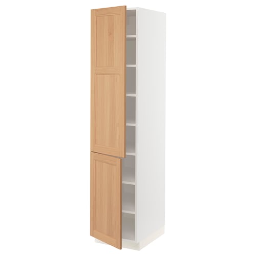 SEKTION kitchen cabinet with oak door, three white shelves.