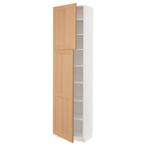 SEKTION: white kitchen cabinet with oak doors, rectangular shape, two adjustable shelves, two soft-close hinges.