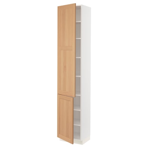 Ikea SEKTION tall white cabinet with oak doors & adjustable shelves.