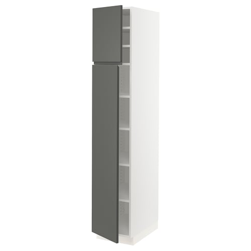 SEKTION kitchen cabinet: tall, grey, with shelves, sleek design.