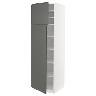 Modern kitchen cabinet, white with grey doors, taller than wide, two doors open revealing shelves.