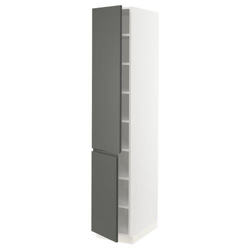 A tall white SEKTIONs kitchen cabinet with two dark grey doors and adjustable shelves.
