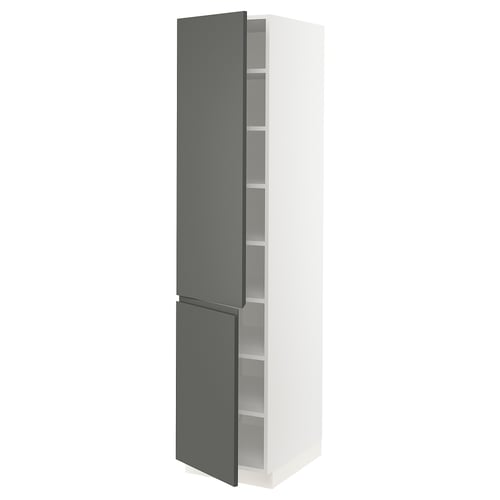 Ikea SEKTION kitchen cabinet, dark gray, white shelves, tall, modern design.