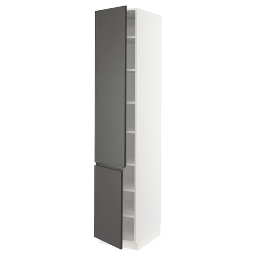 Modern dark grey storage cabinet with white frame and multiple shelves.