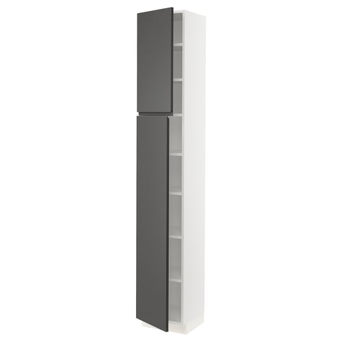 A SEKTION kitchen cabinet in white and dark grey, featuring a sleek design with modern handles.