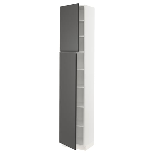 SEKTION kitchen cabinet, white with dark grey doors, modern, slim rectangular shape, integrated handles, adjustable shelves.