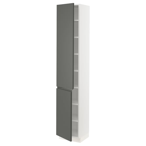A vertical SEKTION cabinet with dark grey doors and white interior shelves. Its tall, slim, and modern with integrated handles on the doors.